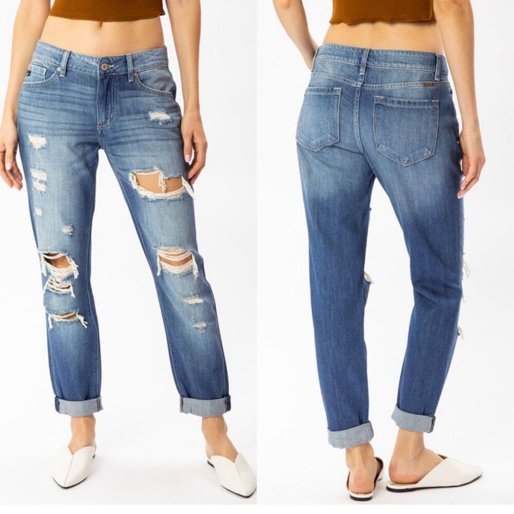KanCan Boyfriend Jeans Mid Rise 9/28 Relaxed Distressed